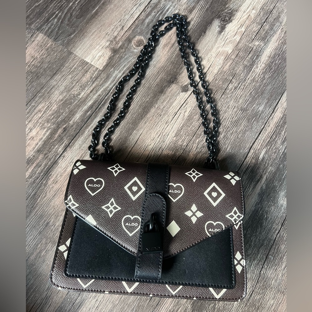 Aldo Geometric Patterned Crossbody Bag in Brown and Black